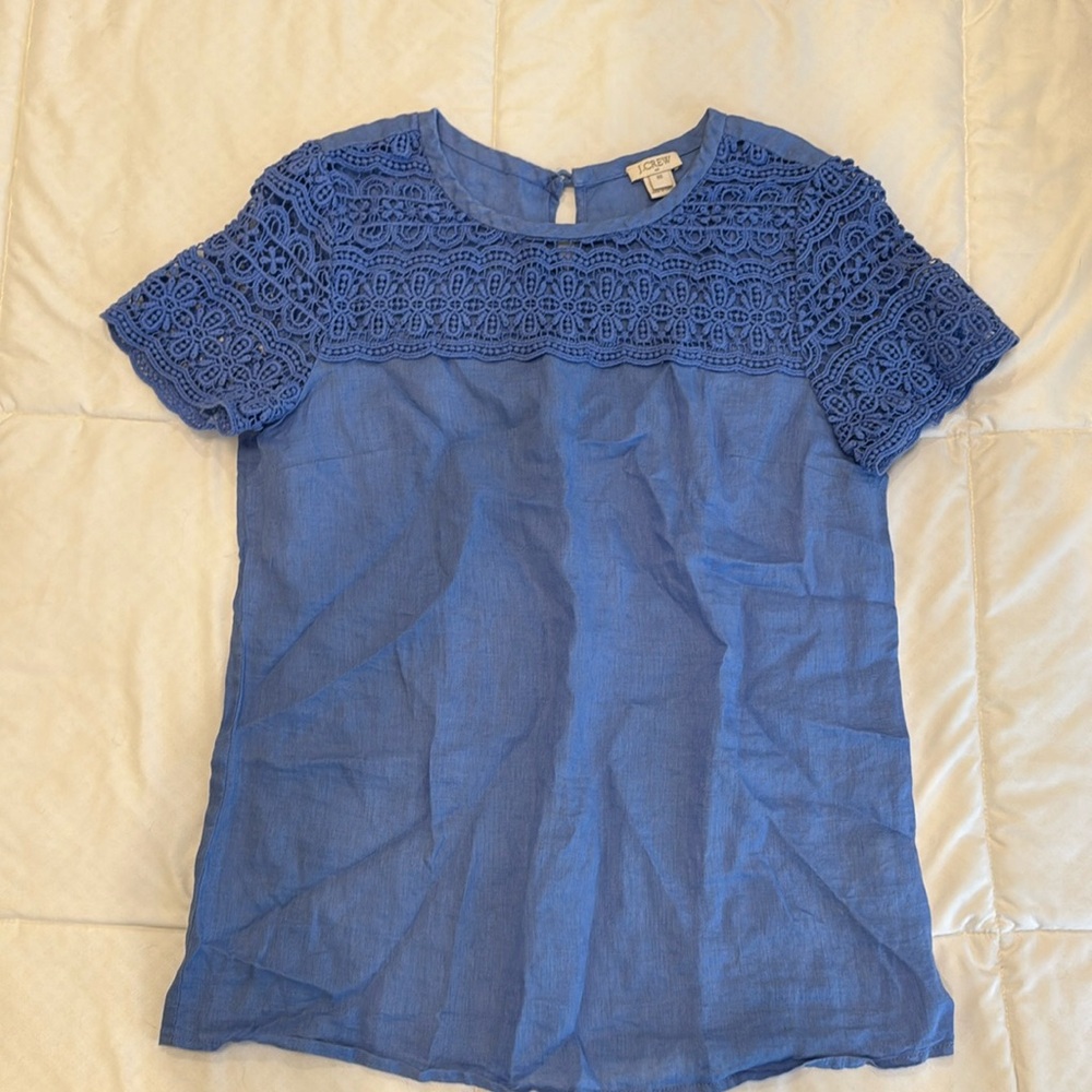 J. Crew Factory Linen Top with Crochet Sleeves